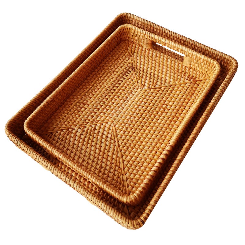 i-lan 2 Pack Natural Rattan Serving Trays with Handles â€“ Handwoven Rectangular Wicker Baskets for Food, Bread, Fruit | Decorative Storage & Table Organizer with 2-Inch Wall (Small + Large) - Image 1